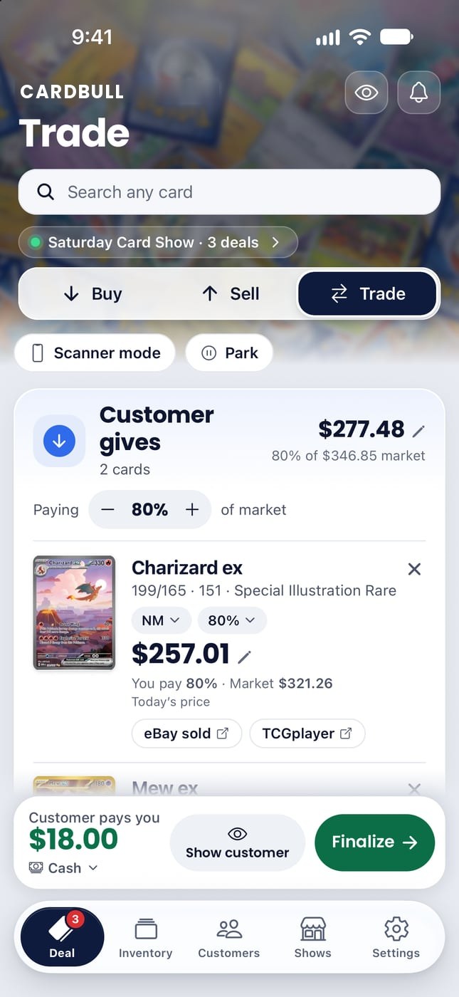 The Trade screen on an iPhone: the customer's cards at 80% of market, and what the customer pays.